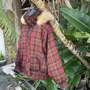 London fog plaid funnel neck and genuine red fox fur bomber jacket